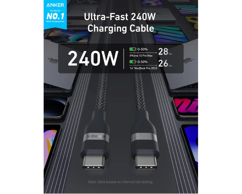 ANKER USB tip-C kabl M/M 0.9m, za Super brzo punjenje 240W/480Mbps, pleteni, crni - Slika 2