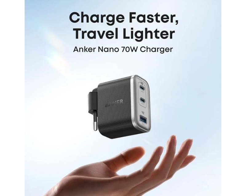 ANKER Nano 70W GaN zidni brzi punjač, 3-porta (2x USB-C i 1x USB-A) crni - Slika 7
