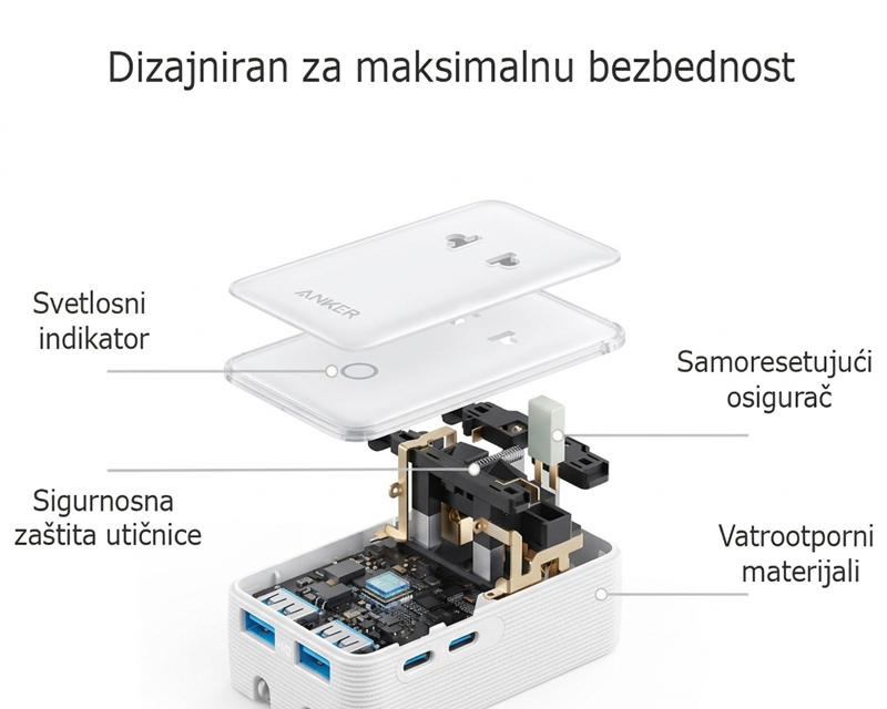 ANKER Nano 20W putni zidni punjač 5-portova (2x USB-A, 2x USB-C, utičnica EU na US, UK, AU i EU), beli - Slika 5