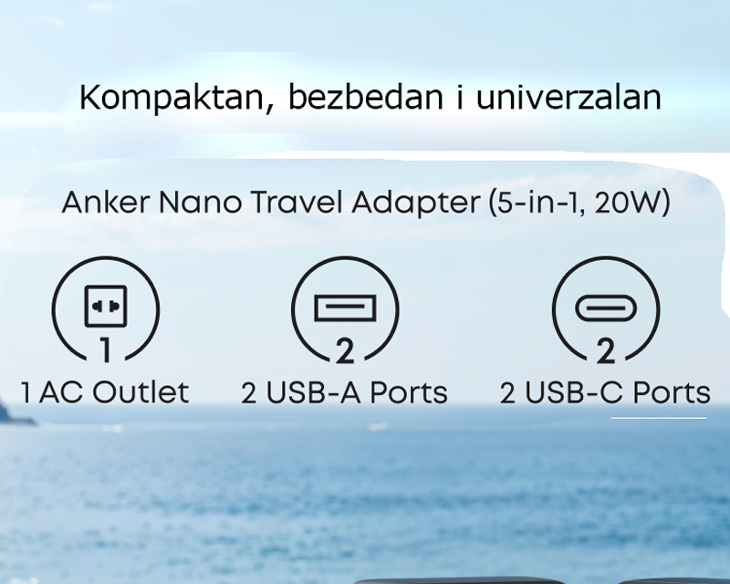 ANKER Nano 20W putni zidni punjač 5-portova (2x USB-A, 2x USB-C, utičnica EU na US, UK, AU i EU), beli - Slika 8